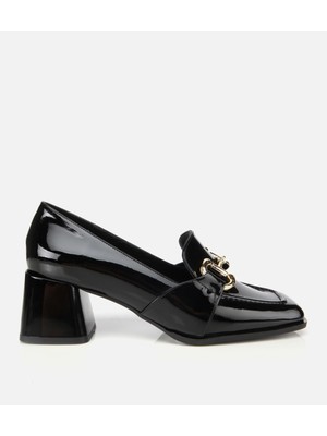 Hotiç 01AYH314750A100 KADIN  Rugan Siyah Tokalı Kare Uçlu Topuklu Klasik Loafer