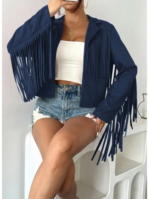 Gökyüzü Moda Kadın Uzun Kollu Yakalı Kısa Püsküllü Süet Ceket