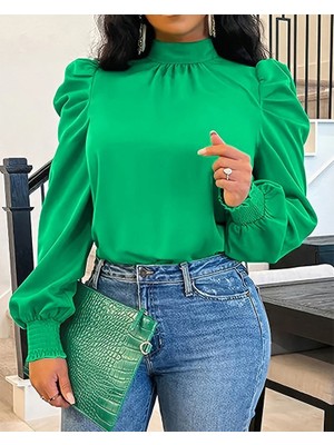 Nidam Butik Kadın Uzun Kollu Balıkçı Yaka Arkadan Bağlamalı Omuzlardan Balon Ithal Krep Bluz