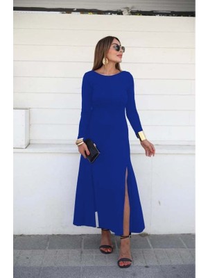 Aknbutik Kadın Uzun Kollu Hafif Kayık Yaka Sırt Dekolteli Yırtmaç Detaylı Viskon Tam Boy Elbise