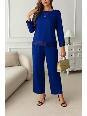 Nidam Butik Kadın Uzun Kollu Bisiklet Yaka Pulpayetli Viskon Iki Iplik Bluz ve Pantolon Ikili Takım