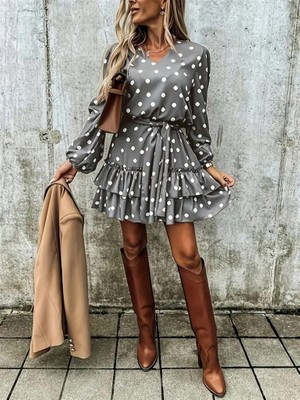 Nidam Butik Kadın Uzun Kollu V Yakalı Belden Kuşaklı Puantiyeli Mini Modal Elbise