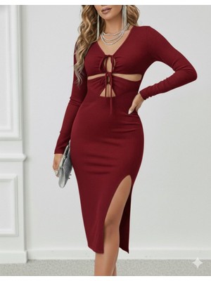 Arben Boutique Kadın Uzun Kollu Göğüs ve Göbek Dekolte Detay Sandy Midi Boy Elbise