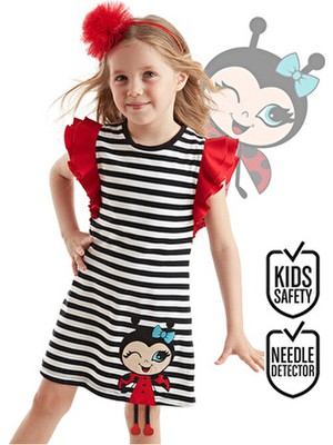 Denokids Kız Çocuk Elbise Günlük Stil Uğur Böceği Aplikeli Çizgili Tasarım Renkli