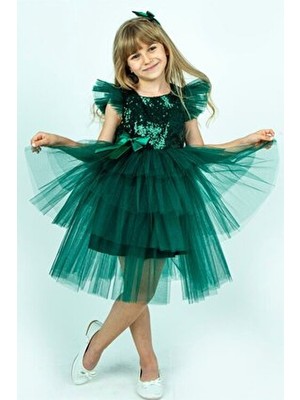 Buse & Eylül Bebe Buse & Eylül Kız Çocuk Parti Elbisesi Yeşil Pullu Şık Silüet Özel Günler İçin Tasarlandı