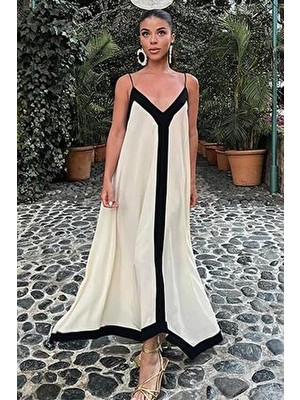 Madmext Beyaz V Yaka Askılı Uzun Kadın Elbise Şık Tasarım Özel Günler İçin