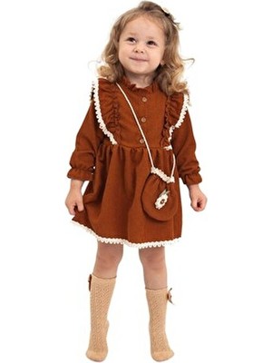 Miniko Kids Kız Bebek Uzun Kol Papatya Desenli Elbise Çantalı Şık Tasarım