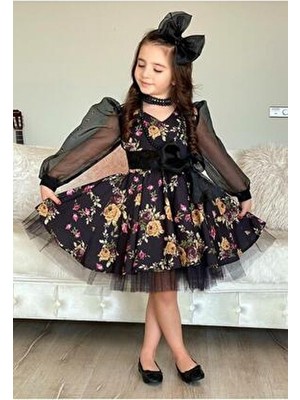 Riccotarz Kız Çocuk Tütülü Elbise Şık Siyah Gül Desenli Özel Günler İçin