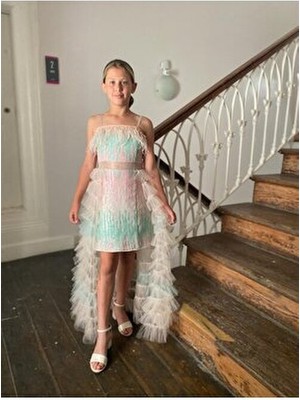Butik Happy Kids Kız Çocuk Pudra Payetli Kuyruklu Abiye Elbise  Tül Detaylı Mini Uzun Kuyruklu Prenses Model Abiye  Elbise 8-16 Yaş