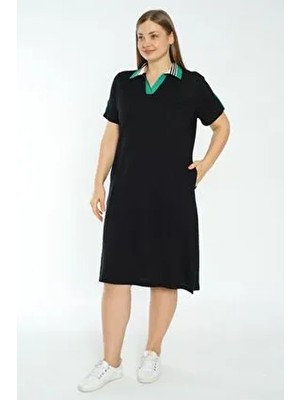 Intensive Collection Kadın Büyük Beden Siyah Kısa Kollu Elbise Polo Yaka Günlük Tarz