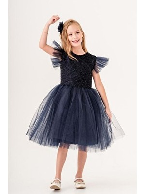 Mnk Baby & Kids Kız Çocuk Tüllü Elbise Kısa Kol Pul Payet Detaylı Özel Günler İçin