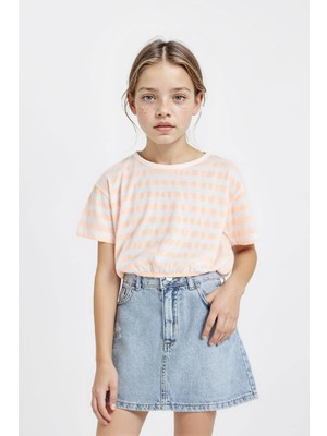 DeFacto Bisiklet Yaka Çizgili Kısa Kollu Tişört Kız Çocuk B7180A824SM