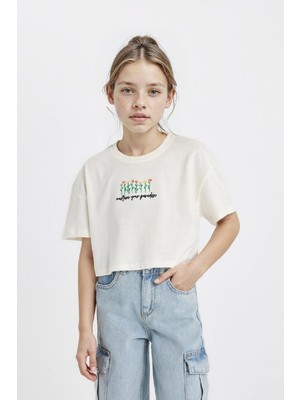 DeFacto Crop Bisiklet Yaka Çiçekli Kısa Kollu Tişört Kız Çocuk D1593A824HS