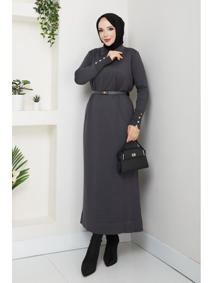 Pamuk Butik Kadın Kemerli Düğme Detaylı Merserize Triko Elbise -PMK463