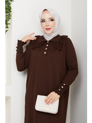 Pamuk Butik Kadın Yakası Dantelli Merserize Triko Elbise -PMK466