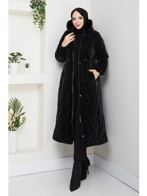 Pamuk Butik Kadın Beli Tünel Geçişli Siyah Astarlı Kapüşonlu Mont -PMK470 Su Geçirmez Özellik