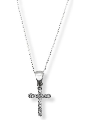 Oya Silver Minimal Beyaz Işıltılı Taşlı Haç Gümüş Kadın Kolye Model 2