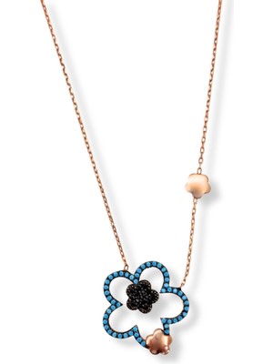 Oya Silver Rose Gold Turkuaz Işıltılı Çiçekler Hayalet Gümüş Kadın Kolye