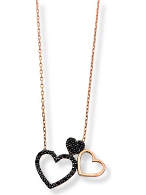 Oya Silver Rose Gold Siyah Işıltılı Çift Kalp Gümüş Kadın Hayalet Kolye