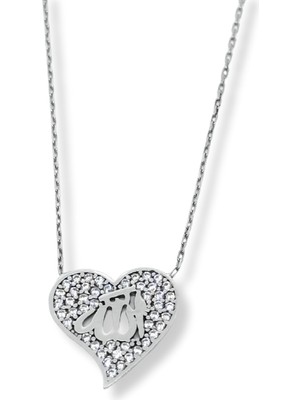 Oya Silver Beyaz Işıltılı Hearty Kalp Allah Yazılı Kadın Hayalet Gümüş Kolye