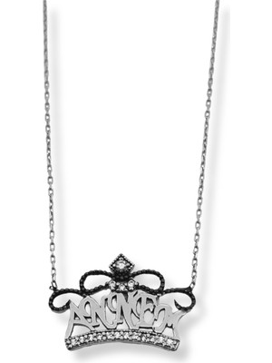 Oya Silver Siyah&beyaz Işıltılı Annem Yazılı Kraliçe Tacı Gümüş Hayalet Kolye