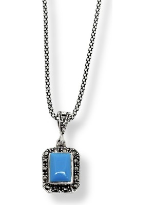 Oya Silver Markazit Çevrili Firuze Işıltılı Dikdörtgen Gümüş Kadın Kolye