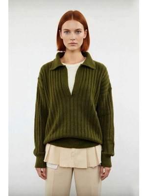 Ersefa Kadınlara Özel Oversize Fitilli Triko Kazak Düşük Kol Polo Yaka Kış Sezonu Için Ideal Günlük Giyim