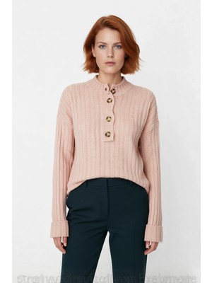 Ersefa Kadın Casual Ekru Yarım Patlı Düşük Kol Fitilli Triko Kazak Soğuk Havaların Favorisi Kaliteli