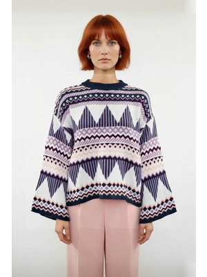 Ersefa Kadın Triko Etnik Desenli Oversize Kalıp Bisiklet Yaka Uzun Kollu Günlük Şıklık Sunan Kazak