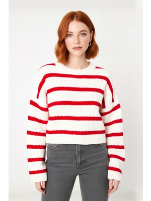 Ersefa Kadınlara Özel Basic Çizgili Oversize Triko Kazak Bisiklet Yaka Uzun Düşük Kol Kış Şıklığı