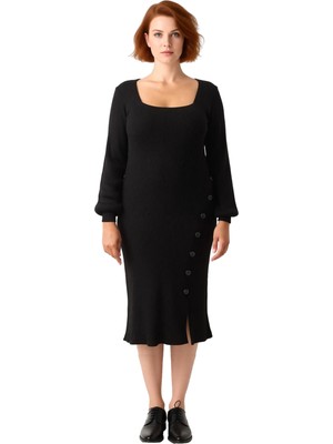 Ersefa Kadın Bodycon Kesim Triko Elbise Uzun Kollu Kare Yaka Midi Boy Fitilli Düğme Detayıyla Kaliteli