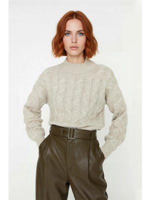 Ersefa Kadın Oversize Balon Kol Dik Yaka Saç Örgü Crop Akrilik Triko Kazak Kış Modasına Uyumlu Kaliteli