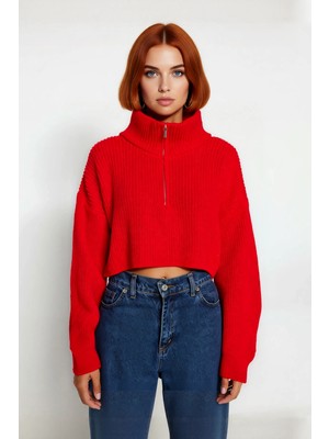 Ersefa Kadın Basic Oversize Düşük Uzun Kollu Crop Fermuarlı Dik Yaka Triko Kazak Kışlık Rahat Stiller