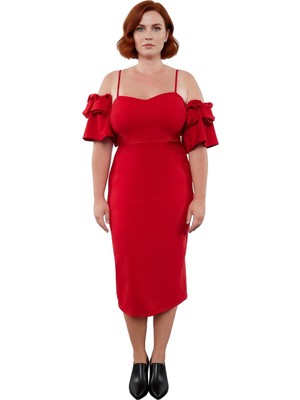 Ersefa Kadın Abiye Bodycon Elbise Astarlı Midi Boy Ince Askılı Fırfırlı Kol Şık Kokteyl ve Mezuniyet