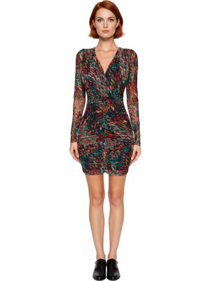 Ersefa Kadın Feminine Tarz Astarlı Bodycon Uzun Kollu V Yaka Soyut Desenli Tül Mini Elbise Günlük Şıklık