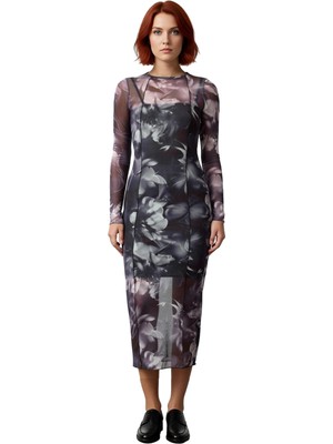 Ersefa Kadın Bodycon Midi Elbise Astarlı Tül Kumaş Uzun Kollu Bisiklet Yaka Desenli Kışlık Şıklık