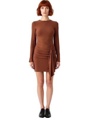 Ersefa Kadın Bodycon Bisiklet Yaka Mini Elbise Uzun Kollu Mikro Likralı Kışlık Şık Örme Kaliteli