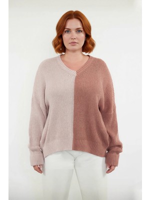 Ersefa Kadın Relaxed Kalıp V Yaka Akrilik Triko Kazak Renk Bloklu Uzun Kollu Günlük Selanik Örgü Kış