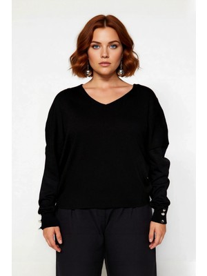 Ersefa Kadınlara Özel Siyah V Yaka Relaxed Kalıp Triko Kazak Uzun Kol Günlük Kombinlerin Vazgeçilmezi