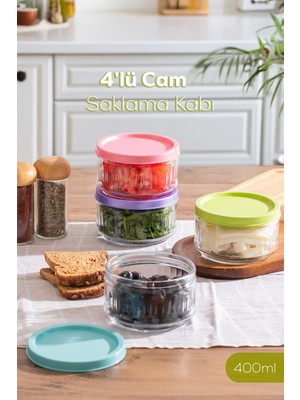 Porsima Lapis 4lü Hava Geçirmez Cam Kahvaltılık Seti Renkli Kapaklı Saklama Kabı 400ML