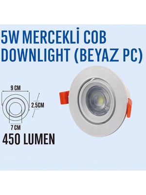 Lampist 5W Pc, Beyaz Kasa Mercekli  Yuvarlak Cob Downlıght 3000K
