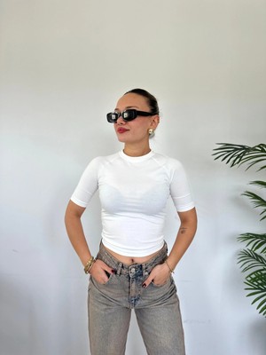 Kadın Bisiklet Yaka Kısa Kollu Body Ekru