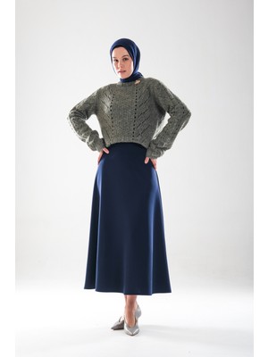 Plistre 2279_YÜKSEK Bel Tesettür Scuba Kumaş Puf Etek – Gizli Fermuar Kapamalı,  Kloş– Günlük ve Şık Kombin