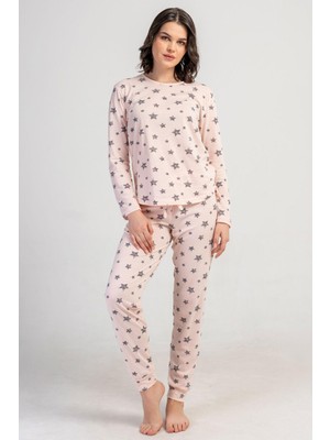 Vienetta Kadın Pembe Uzun Kollu Bisiklet Yaka Yıldız Desenli Pijama Takımı C9T5N3305