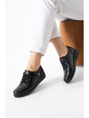 Kaof Shoes Kadın Siyah Ortopedik Klasik Ayakkabı Içi Hakiki Deri Anne Ayakkabısı Günlük Ayakkabı Dolgu Topuklu Anne Babet