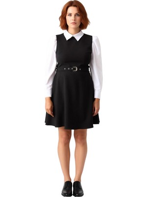 Ersefa Kadın Skater Kemerli Gömlek Detaylı Mini Dokuma Elbise Ilkbahar Sonbahar Rahatlığı Kaliteli