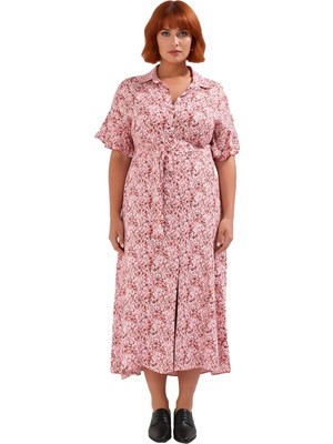 Ersefa Kadınlar Için Konforlu A Line Kalıp Dokuma Viskon Maxi Elbise Kuşaklı Gömlek Yaka Tasarım Kaliteli