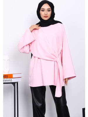 İmaj Butik Pembe Yandan Şallı Fitilli Tunik