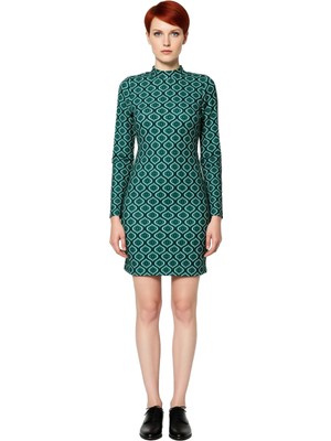 Ersefa Kadın Bodycon Kesim Dik Yaka Uzun Ispanyol Kollu Geometrik Desenli Mini Kışlık Örme Elbise