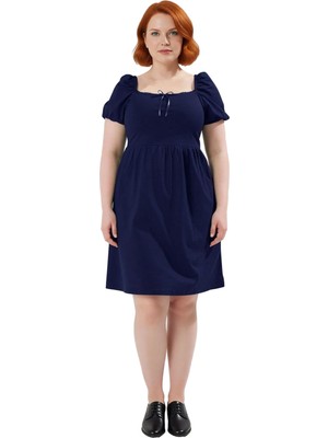 Ersefa Kadın %100 Pamuk Kare Yaka Balon Kol Skater Mini Elbise Günlük Şık ve Konforlu Kıyafet Kaliteli